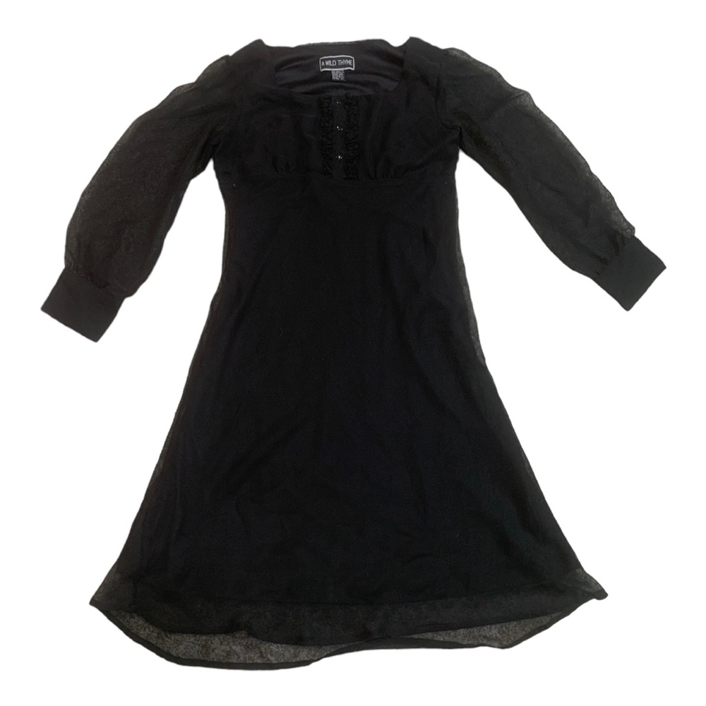 A Wild Thyme 90s Black Midi Dress With Ruffle & Sheer Fabric, Size 14